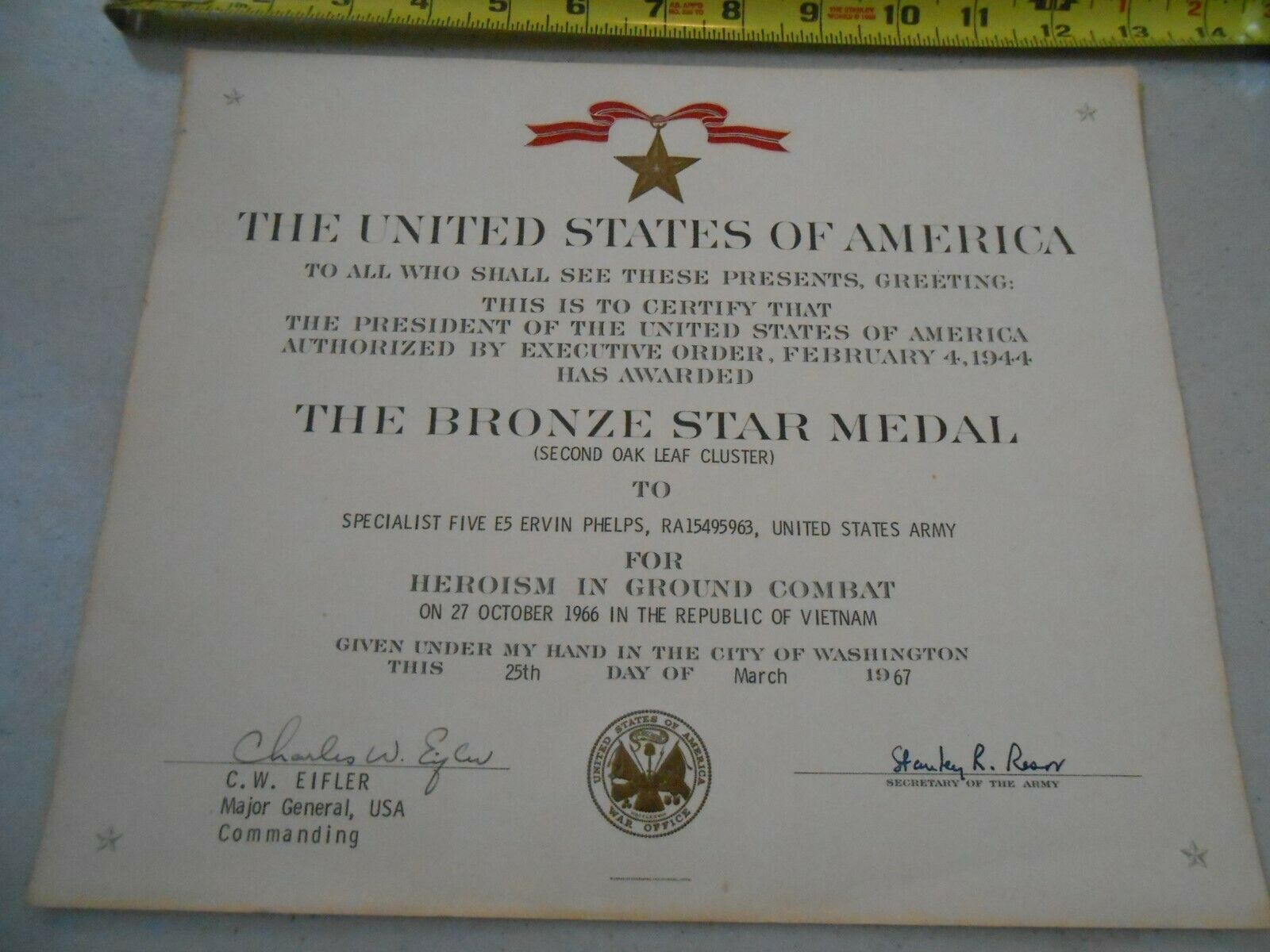 Rare Original 1967 Vietnam Bronze Star Medal Certificate Named Army